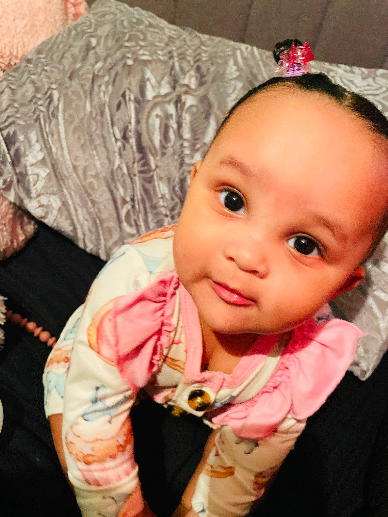 Reign is registered to the contest to win money with this photo: baby, baby_toddler_clothing, cheek, child, chin, cool, eye, eyelash, fun, happy, lip, magenta, mouth, nose, person, pink, skin, sleeve, smile, textile