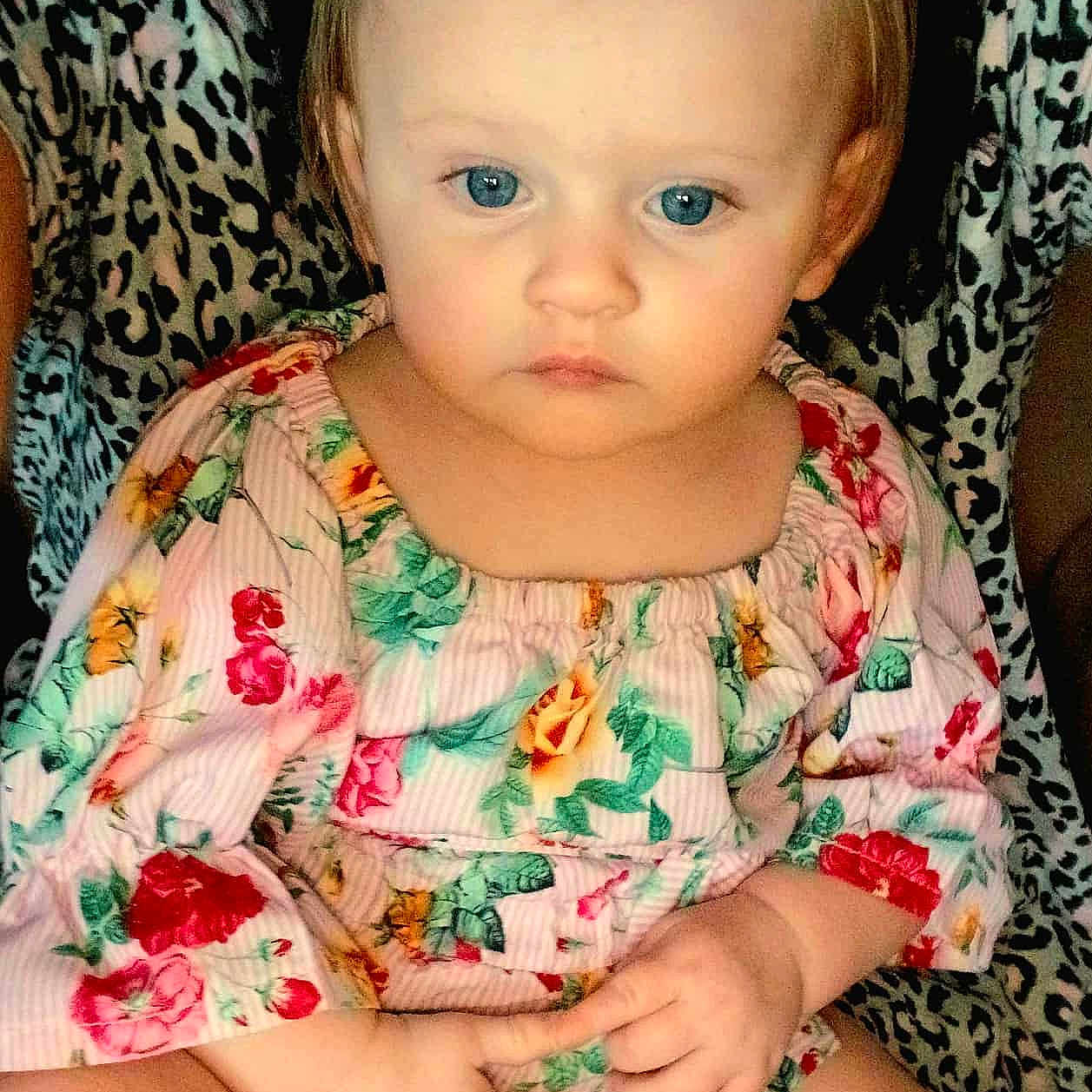 Eden is registered to the contest to win money with this photo: apparel, baby, blue_eyes, child, closeup, cute, face, fashion, floral_clothing, hands, indoor, infant, leopard_print, pattern, person, portrait, serious_expression, sitting, skin, young_child