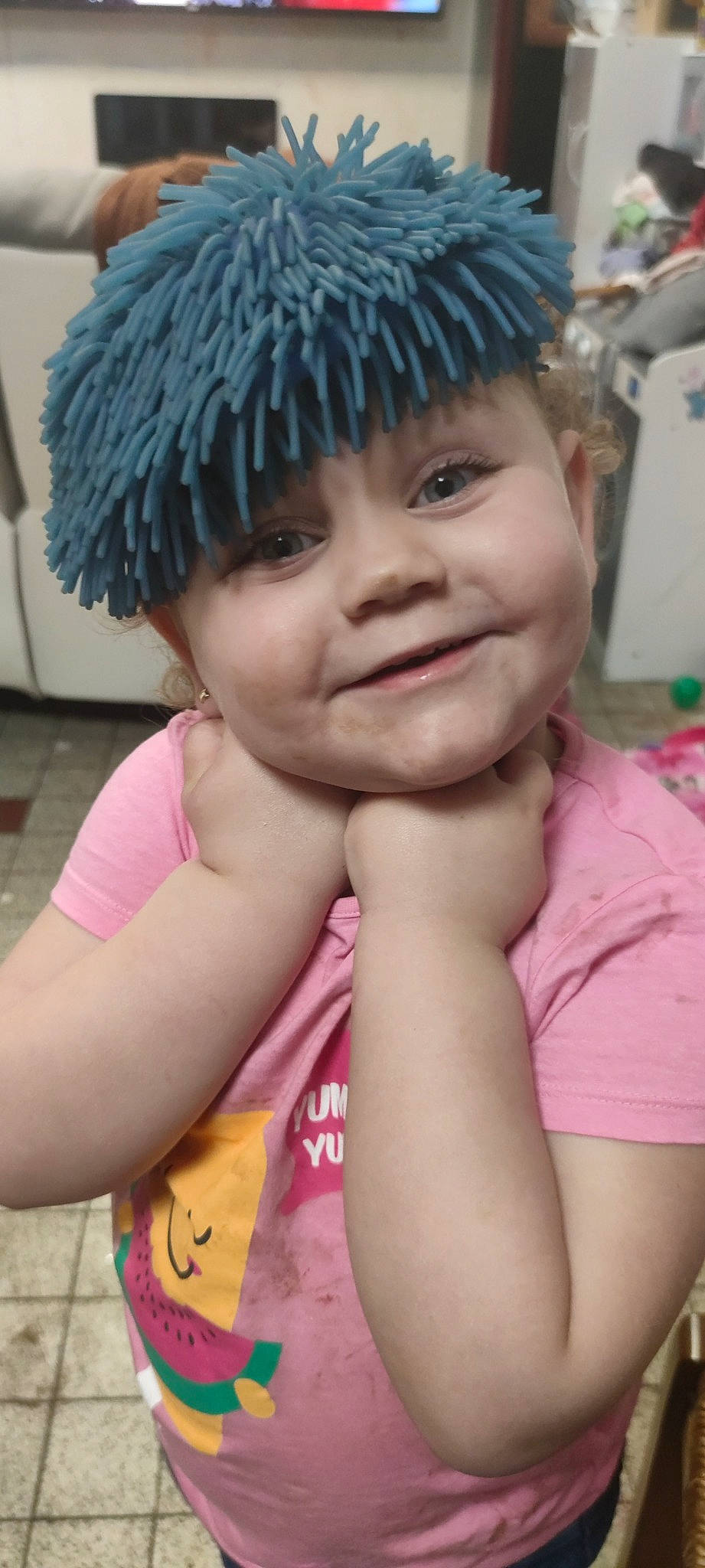 Kally participe au concours pour gagner de l'argent avec cette photo : beauty, cap, child, clothing, electric_blue, eyebrow, forehead, fun, happy, hat, joy, knit_cap, lip, magenta, nose, person, pink, skin, smile, t_shirt