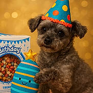 Aspen is registered to the contest to win money with this photo: dog, puppy, party_hat, toy, plush_toy, birthday, treats, celebration, cute, fluffy, brown_eyes, pet, indoor, portrait, close_up, bokeh, colorful, smiling_toy, raised_paw, background