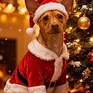 Sasha is registered to the contest to win money with this photo: dog, santa_hat, santa_costume, christmas_tree, christmas_lights, ornaments, holiday, festive, present, snow, indoor, pet, cute, celebration, decorations, warm_lighting, brown_dog, christmas, seasonal, costume