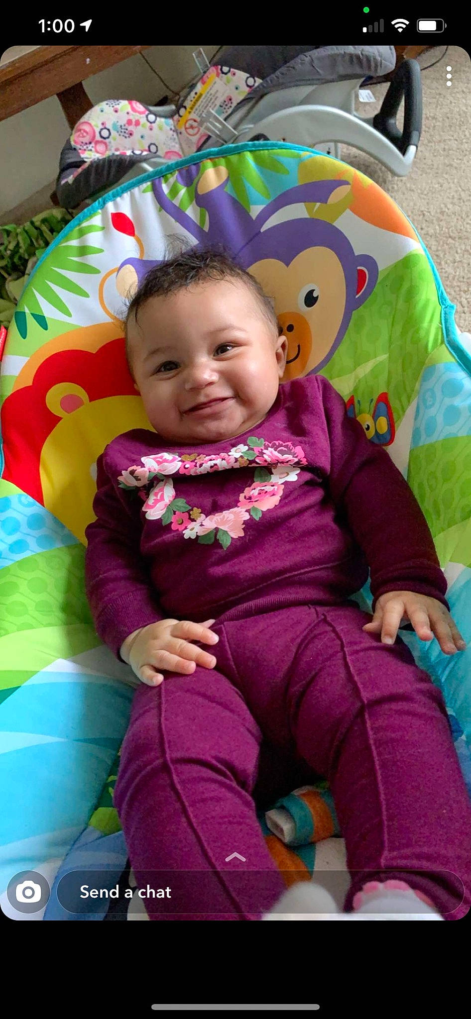 Amariana is registered to the contest to win money with this photo: baby, baby_toddler_clothing, cheek, comfort, eye, face, facial_expression, happy, head, human_body, iris, joy, organ, person, pink, purple, skin, sleeve, smile, textile