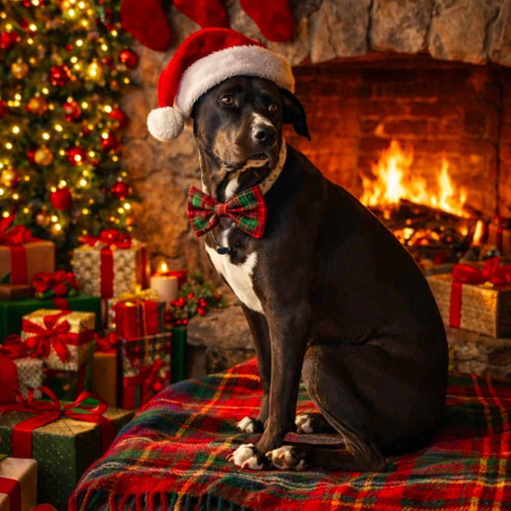 Luna is registered to the contest to win money with this photo: black_dog, blanket, bow_tie, christmas_lights, christmas_stockings, christmas_tree, cozy, dog, festive, fireplace, holiday_decorations, holiday_season, indoor, pet, santa_hat, sitting, tartan, warm_lighting, white_paws, wrapped_presents