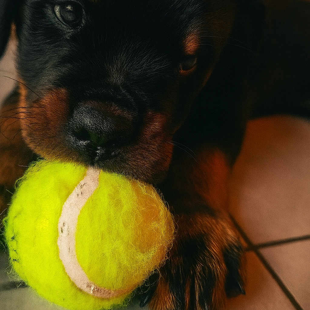 Aïko a rejoint le concours — aidez-le/la à gagner de superbes lots ! animal, black_and_tan, black_fur, brown_fur, close_up, cute, dog, fur, indoor, mouth, nose, paw, pet, playful, puppy, tennis_ball, tile_floor, toy, whiskers, young_dog