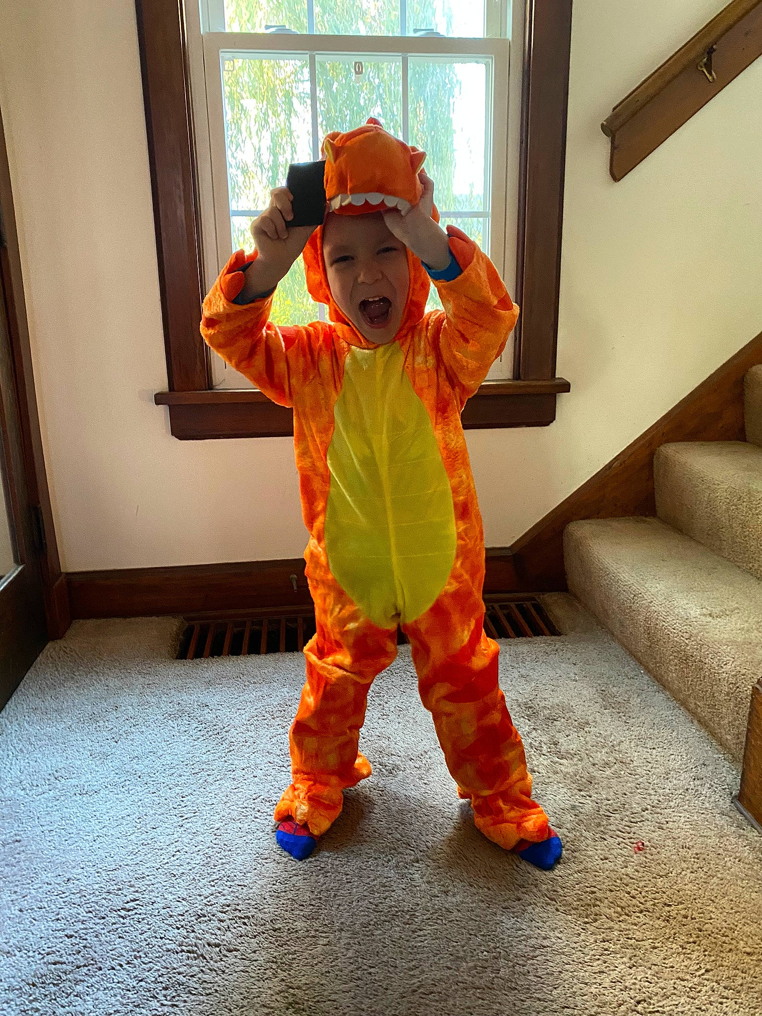 Korben is registered to the contest to win money with this photo: baby_toddler_clothing, child, costume, flooring, fun, fur, headwear, mascot, orange, person, personal_protective_equipment, play, plush, room, sleeve, stuffed_toy, toddler, window, wood, workwear