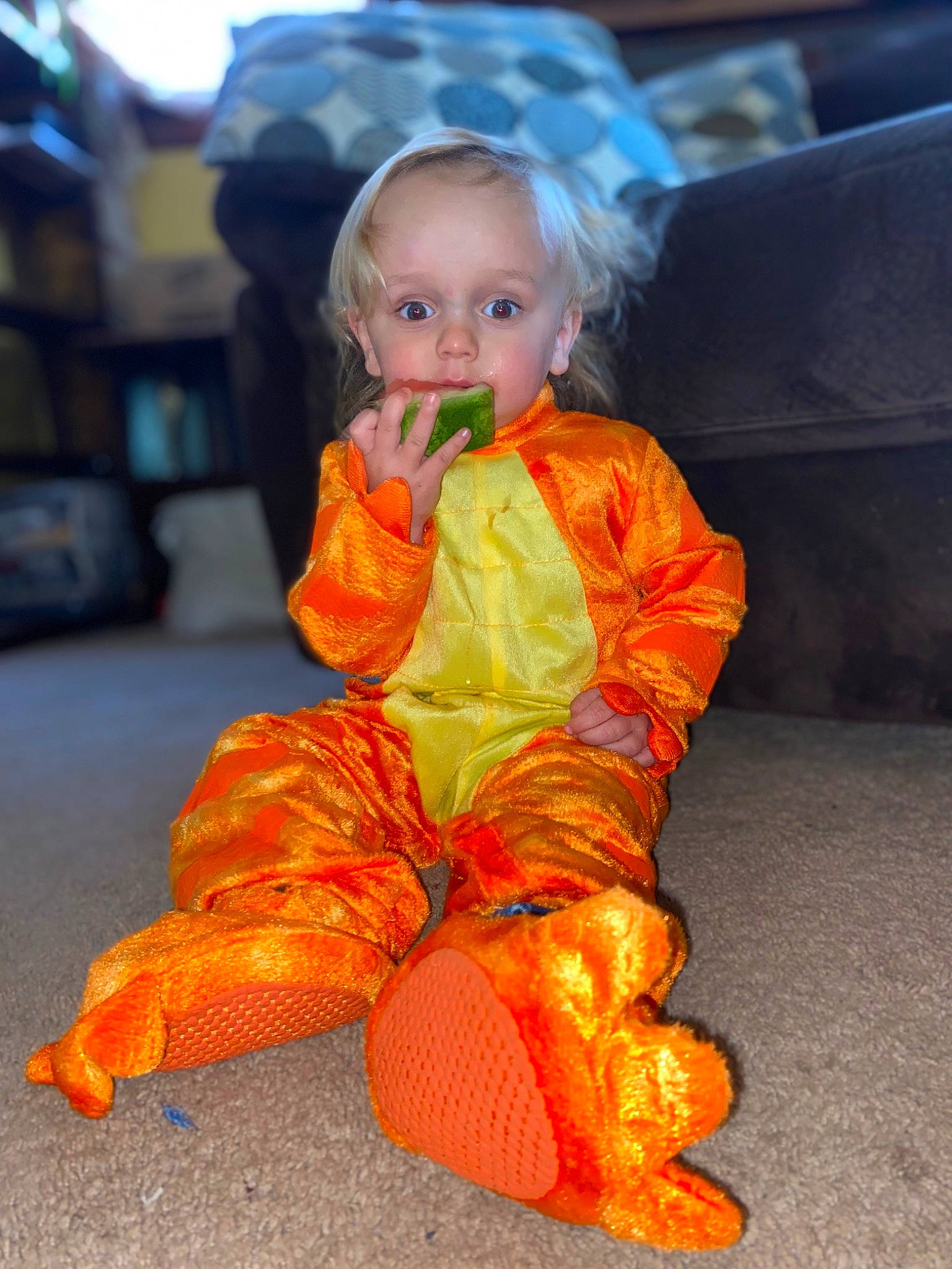 Kayne joined the competition — help win amazing prizes! baby_toddler_clothing, child, dress, event, eye, face, flooring, fun, hair, happy, head, human_body, human_leg, monk, orange, peach, person, sitting, smile, toddler