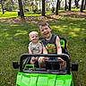 child, children, toy_car, green_car, outdoor, grass, trees, sunny, smiling, happy, play, summer, boys, nature, vehicle, park, daylight, casual_clothing, fun, portrait