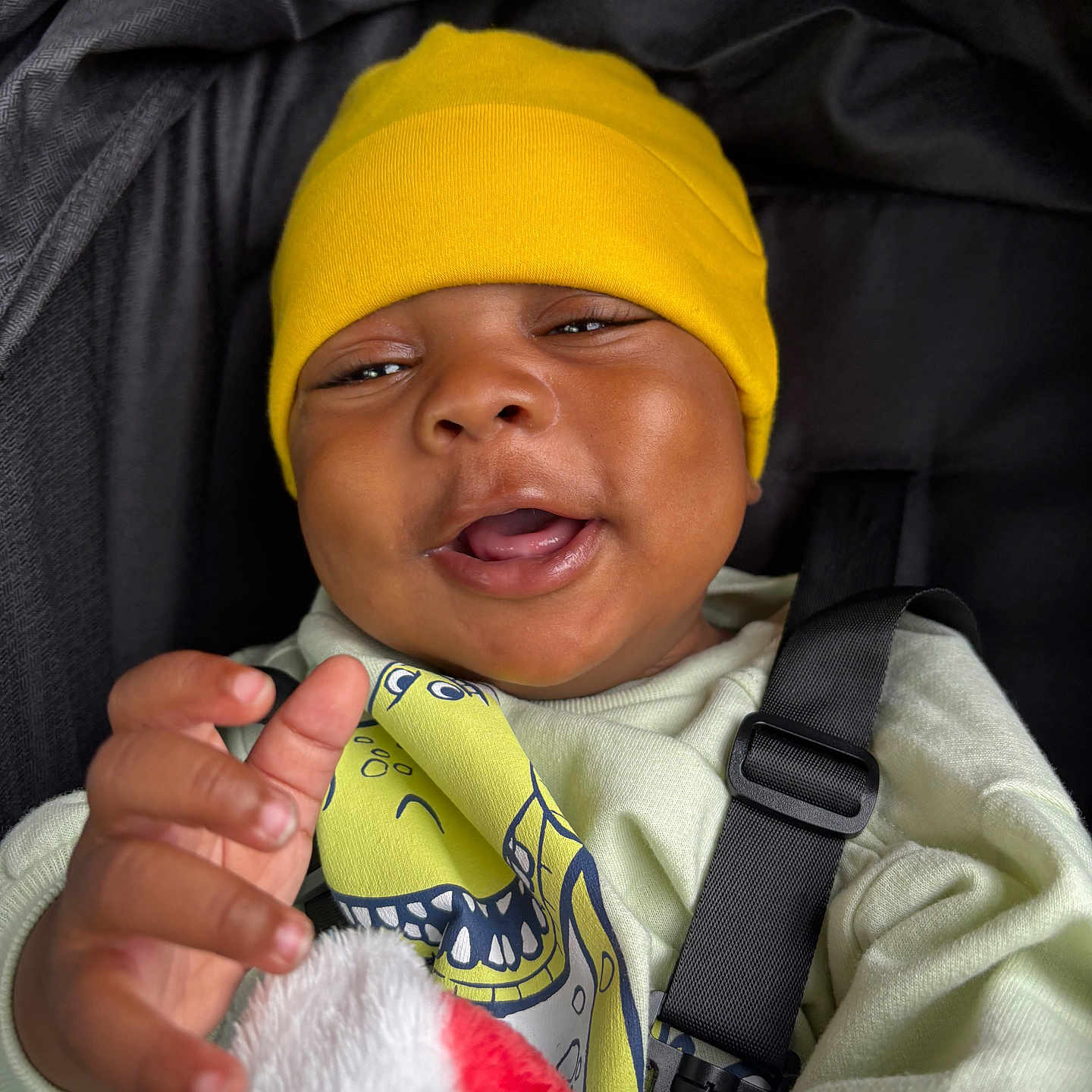 Ace is registered to the contest to win money with this photo: baby, child, yellow_beanie, green_shirt, blanket, hand, smile, face, stroller, seatbelt, infant, happy, cute, clothing, portrait, indoor, person, expression, closeup, cozy