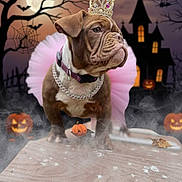 Martini is registered to the contest to win money with this photo: bulldog, puppy, dog, costume, crown, pink_tutu, halloween, jack_o_lantern, fog, spooky, haunted_house, full_moon, bats, spider_web, table, fall_leaves, night, portrait, decoration, festive