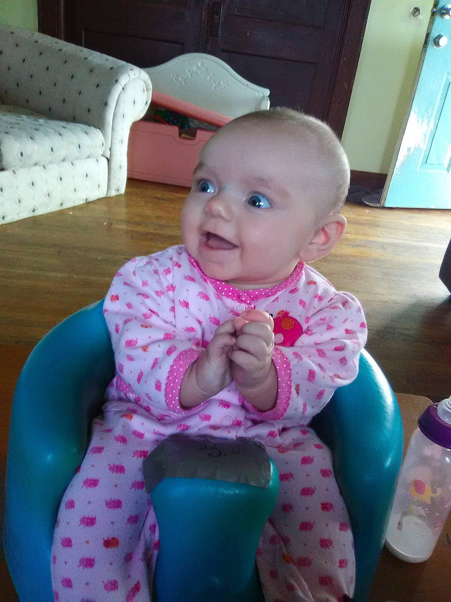 Kamryn joined the competition — help win amazing prizes! baby_products, cheek, child, day, face, fun, girl, head, human_hair_color, infant, iris, mouth, person, pink, play, product, sitting, skin, textile, toddler