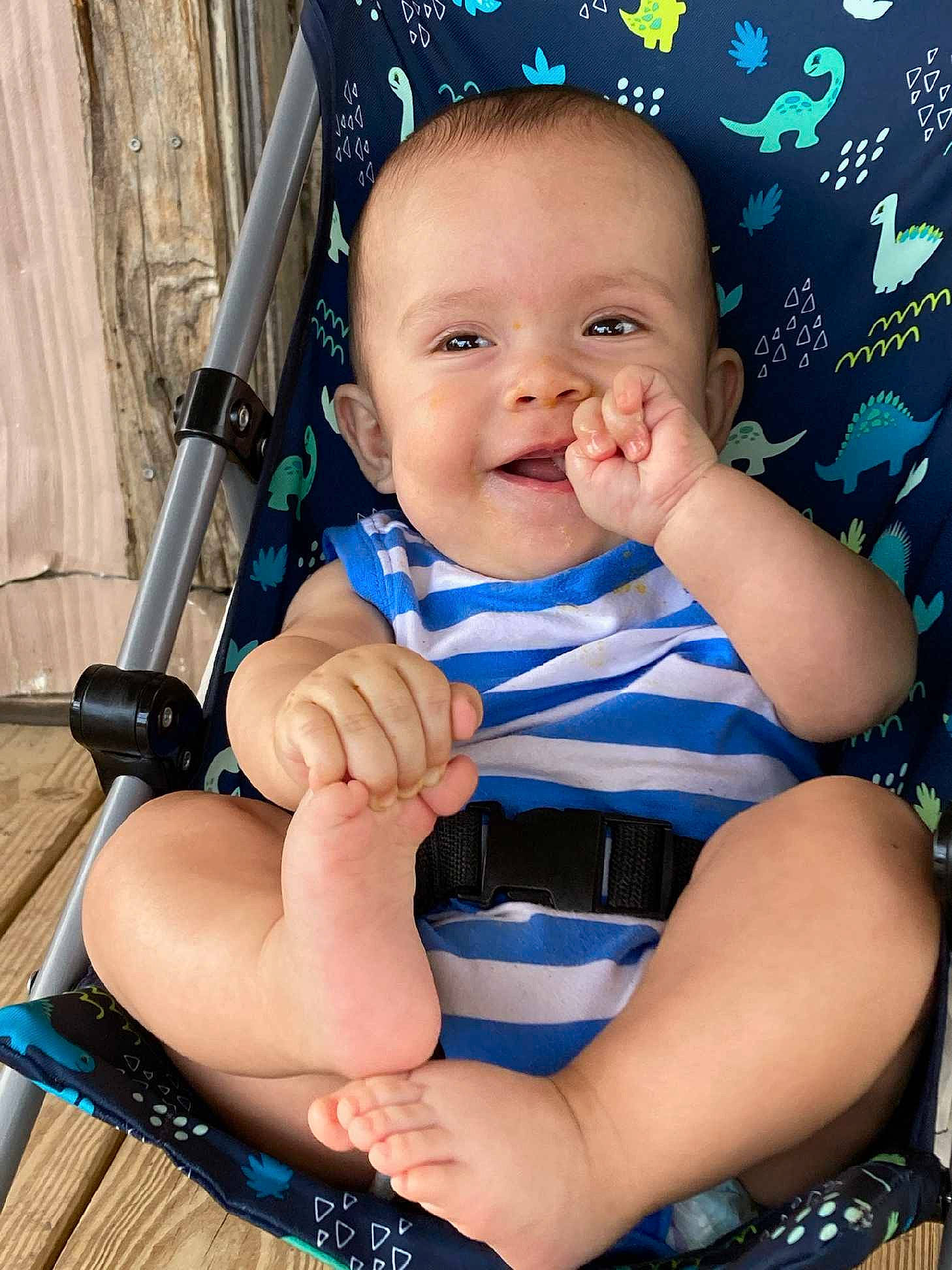 Jaime is registered to the contest to win money with this photo: arm, azure, baby, baby_carriage, baby_toddler_clothing, blue, cheek, electric_blue, eye, facial_expression, finger, hand, happy, leg, organ, person, photograph, product, skin, smile