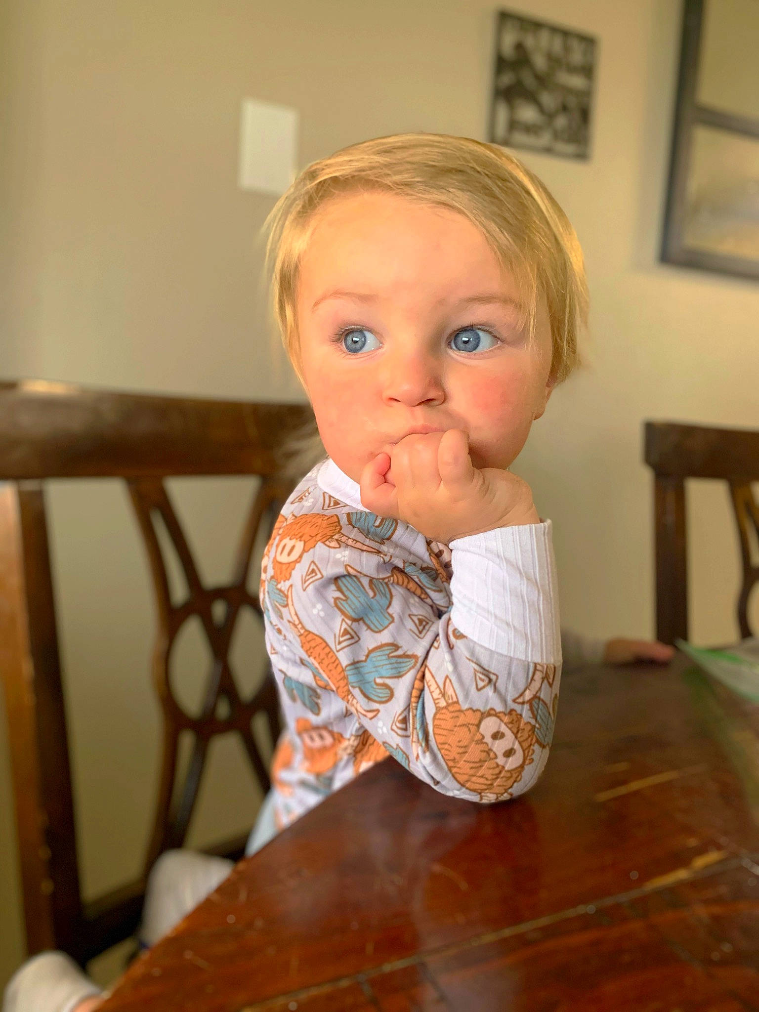 Jackson is registered to the contest to win money with this photo: baby_toddler_clothing, brown_hair, chair, cheek, child, drinkware, eyelash, furniture, hardwood, iris, lip, person, picture_frame, plate, room, serveware, surprise, table, tableware, toddler