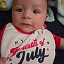 baby, infant, face, bib, clothing, red, white, blue, text, blanket, portrait, closeup, cute, young_child, indoor, person, celebration, holiday, american, expression