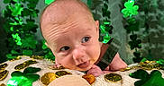 Gage joined the competition — help win amazing prizes! baby, infant, two_months, tongue_out, st_patricks_day, green_shamrocks, gold_coins, blanket, cute, portrait, celebration, holiday, face, head, young_child, festive, soft_texture, decorations, holiday_theme, small_baby