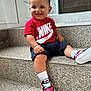 Menzo a rejoint le concours — aidez-le/la à gagner de superbes lots ! toddler, child, smiling, sitting, steps, red_shirt, nike, shorts, sneakers, white_socks, happy, portrait, indoors, granite, casual_clothing, cute, young_child, bracelet, short_hair, playful
