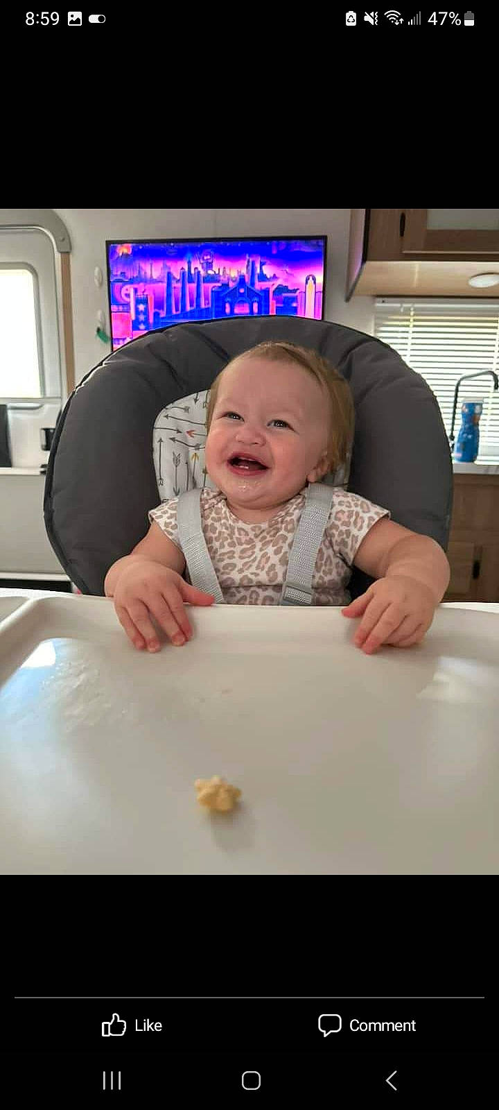 Isabella joined the competition — help win amazing prizes! baby, baby_laughing, baby_toddler_clothing, bathing, child, comfort, facial_expression, fun, happy, joy, mouth, person, product, room, sitting, skin, sleeve, smile, t_shirt, table