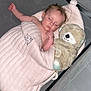baby, bedtime, blanket, child, cozy, cute, face, gray, hand, indoor, infant, peaceful, pink, plush_toy, quiet, resting, sleeping, sleeping_bag, soft, stuffed_animal