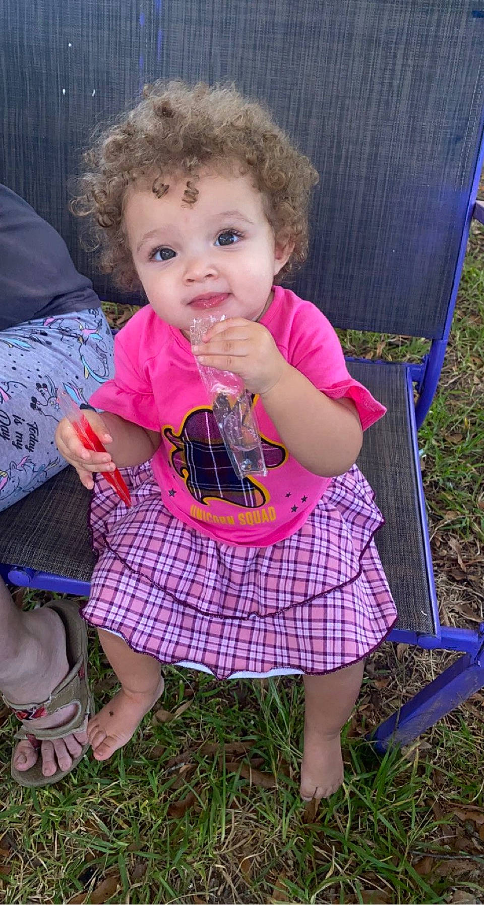 Sage joined the competition — help win amazing prizes! baby, baby_toddler_clothing, child, fun, grass, happy, magenta, pattern, people_in_nature, person, pink, plant, play, purple, sandal, sitting, sleeve, summer, tartan, toddler