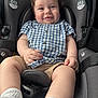 baby, infant, child, car_seat, gingham_shirt, blue_shirt, smile, chubby_cheeks, portrait, cute, sitting, seat_padding, socks, shorts, hair, hands, buttoned_shirt, happy, closeup, automobile_interior