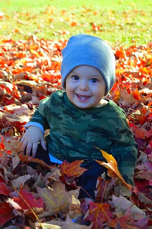 Rowen is registered to the contest to win money with this photo: autumn, baby, baby_toddler_clothing, beanie, bonnet, cheek, child, deciduous, headgear, headwear, human, joy, knit_cap, laugh, leaf, mouth, nose, people_in_nature, person, toddler