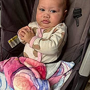 Katherine Wheeler is registered to the contest to win money with this photo: baby, blanket, bundle, child, clothing, colorful, cozy, cute, expression, face, hands, indoor, infant, person, portrait, seated, soft, stroller, warm, young