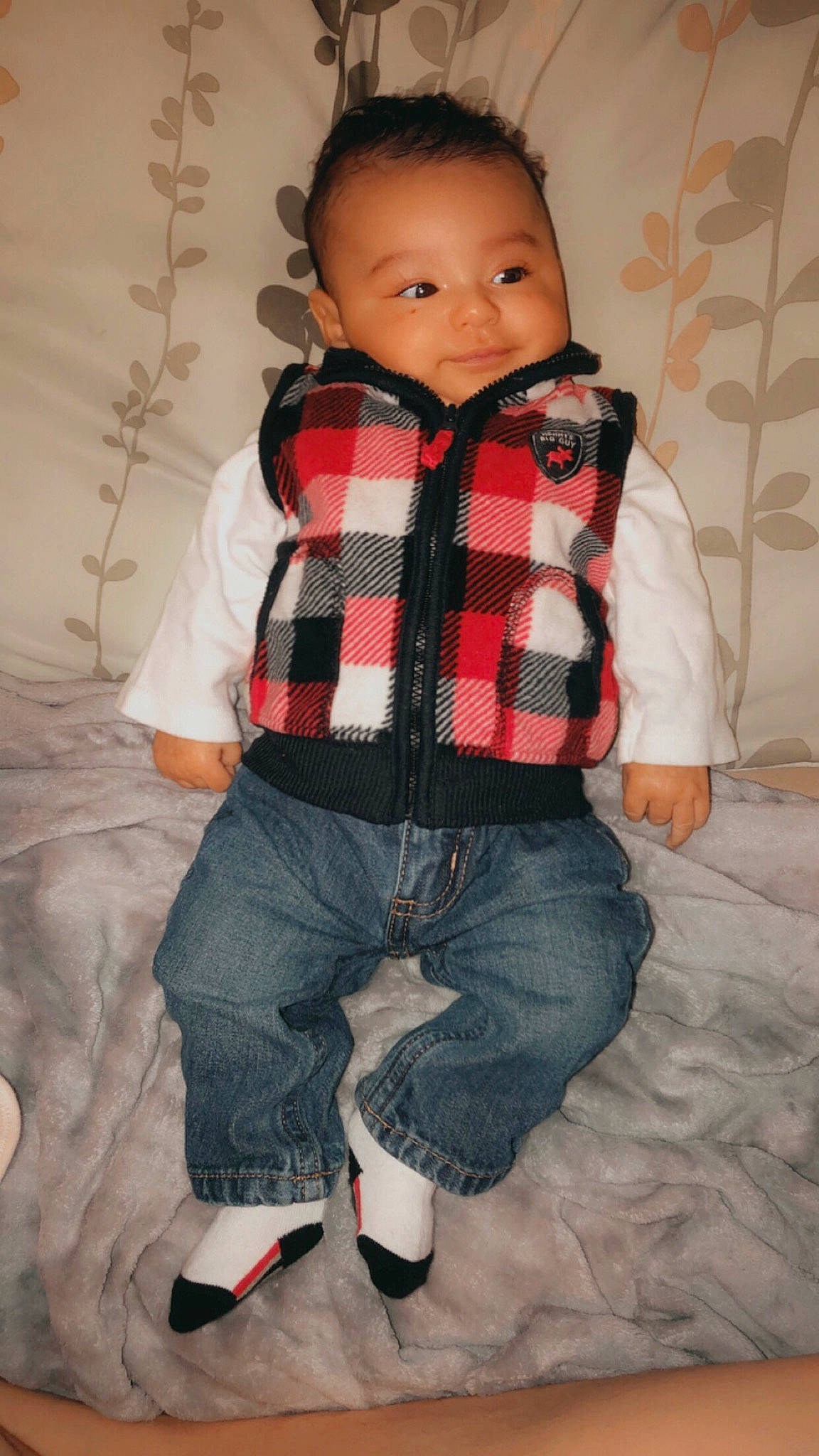 Ivy joined the competition — help win amazing prizes! baby, cheek, child, cool, design, jeans, outerwear, pattern, person, plaid, skin, tartan, textile, toddler, trunk
