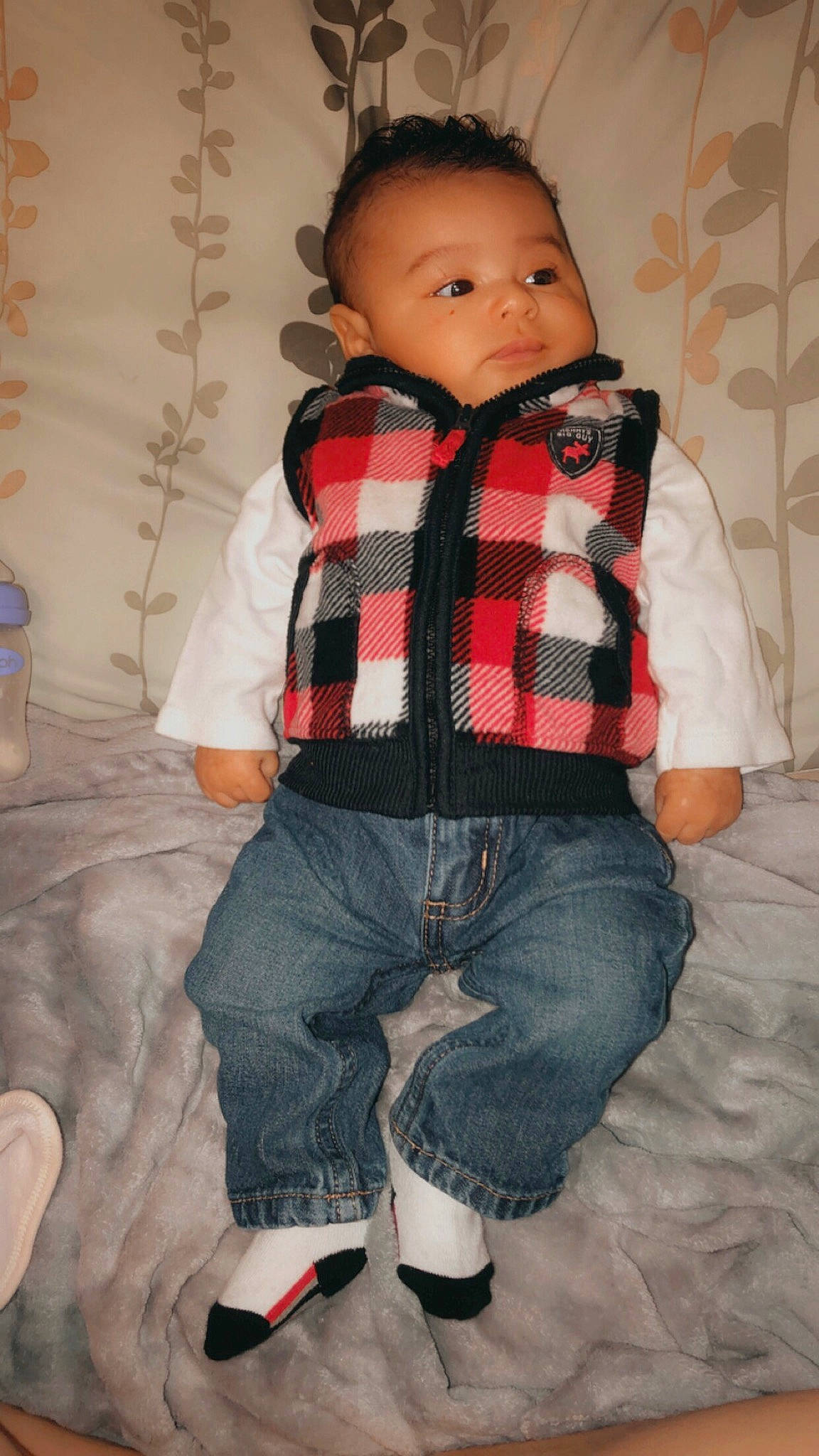 Ivy joined the competition — help win amazing prizes! baby, cheek, child, cool, denim, design, jeans, outerwear, pattern, person, plaid, shoe, tartan, textile, toddler, trunk