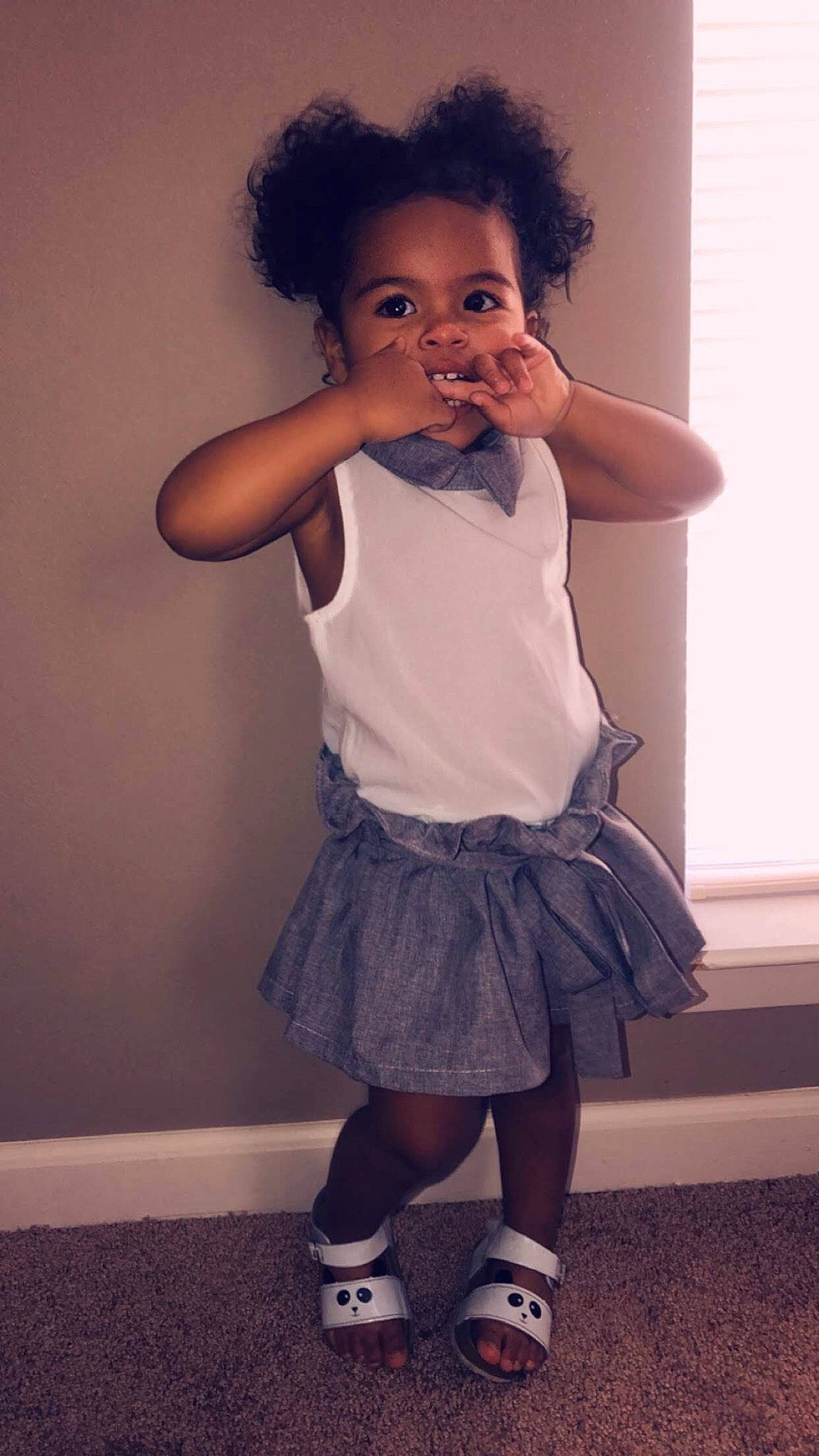 Clover is registered to the contest to win money with this photo: arm, black_hair, cheek, child, child_model, dress, footwear, hair, hairstyle, joint, knee, leg, nose, person, pink, shoe, shoulder, skin, standing, tights