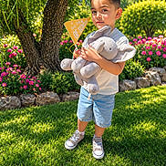 Lauro is registered to the contest to win money with this photo: child, boy, plush_elephant, first_day_of_school, sign, grass, tree, flowers, garden, sunlight, shorts, tshirt, sneakers, outdoor, portrait, cute, smiling, nature, greenery, daytime