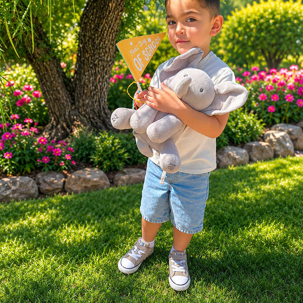Lauro is registered to the contest to win money with this photo: child, boy, plush_elephant, first_day_of_school, sign, grass, tree, flowers, garden, sunlight, shorts, tshirt, sneakers, outdoor, portrait, cute, smiling, nature, greenery, daytime