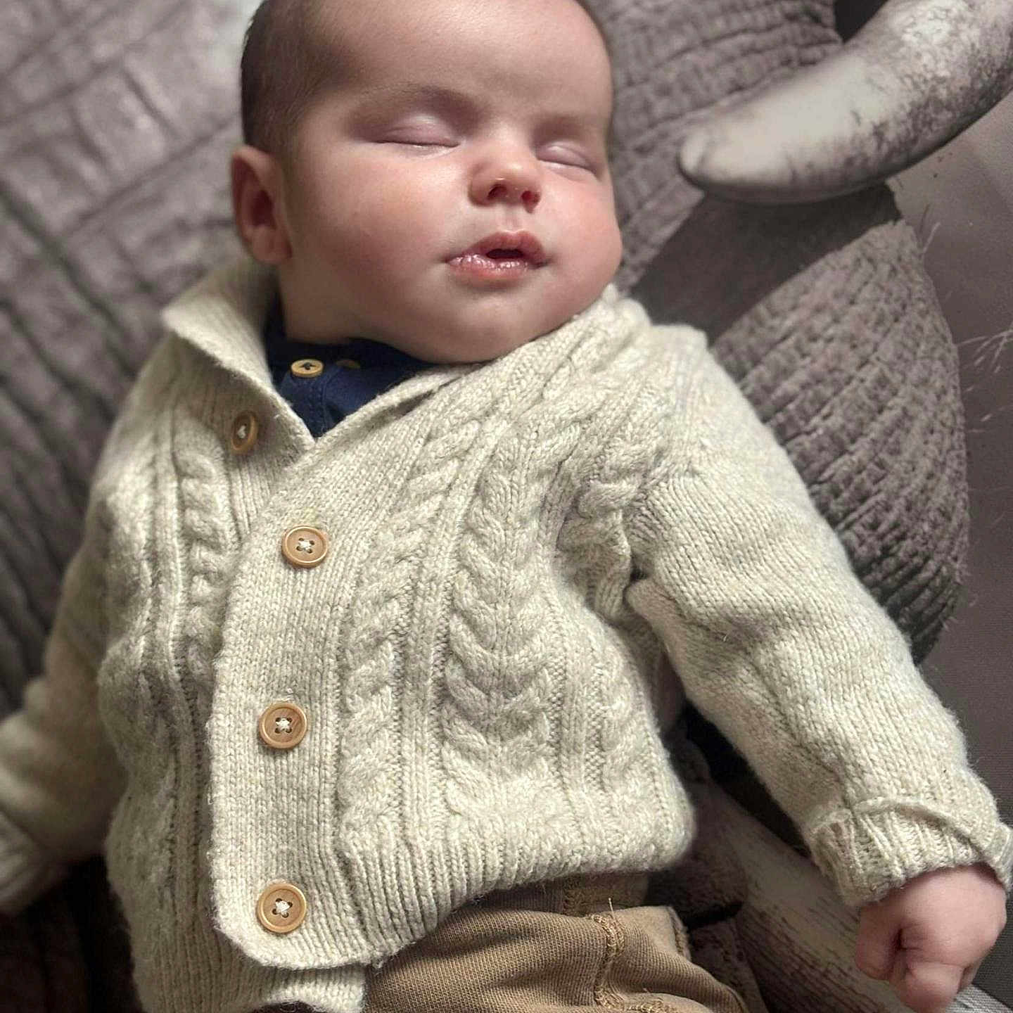 Timeo a rejoint le concours — aidez-le/la à gagner de superbes lots ! baby, child, clothing, cozy, cute, elephant, indoor, infant, knitwear, peaceful, person, pillow, plush, portrait, relaxed, rest, sleeping, soft, sweater, toddler