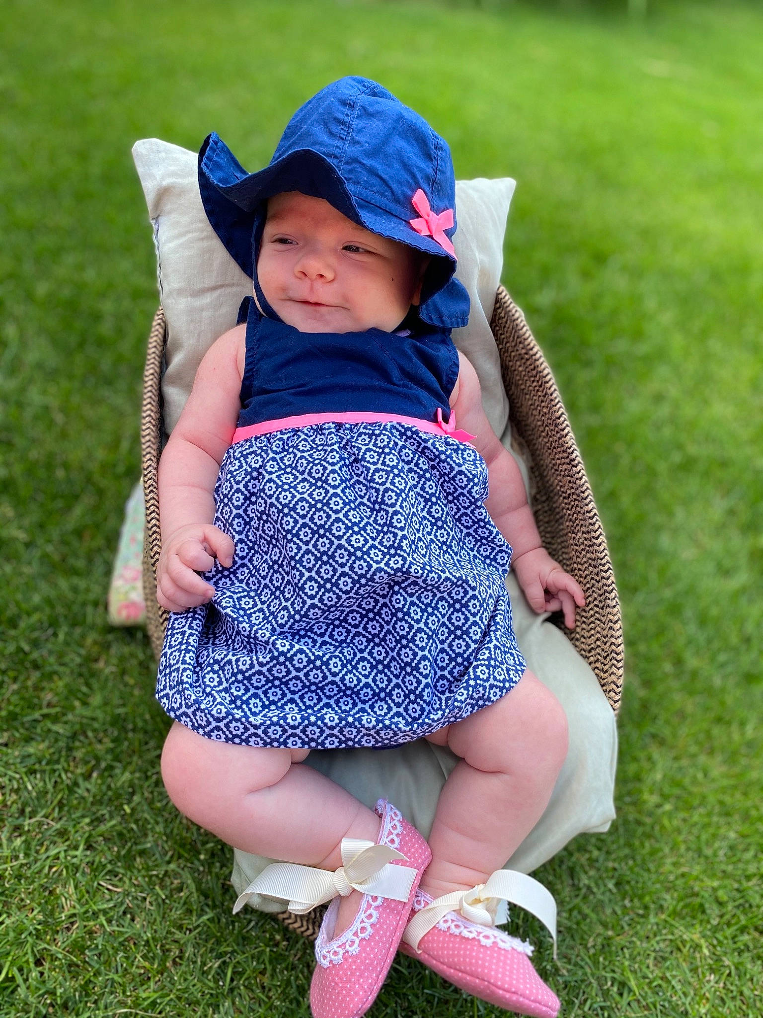 Joann joined the competition — help win amazing prizes! baby, child, dress, grass, headgear, headwear, outerwear, pattern, person, pink, plant, play, sitting, skin, toddler