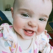 Freya joined the competition — help win amazing prizes! applique, baby, babylaughing, bodypart, couch, face, finger, furniture, hand, happy, head, laughing, mouth, newborn, pattern, person, photography, portrait, smile, teeth