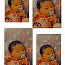 baby, blanket, child, clothing, collage, colorful, cute, expression, face, hands, indoors, infant, lying_down, pacifier, pattern, portrait, rainbow, soft_light, stars, young_child