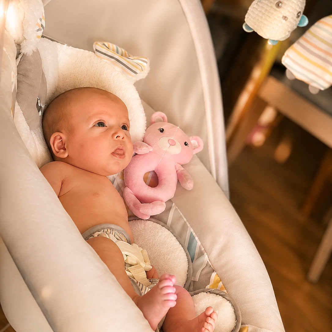 Jewlez is registered to the contest to win money with this photo: baby, infant, child, bouncer, teddy_bear, stuffed_animal, toy, nursery, indoor, portrait, sitting, lying_down, wide_eyed, bare_chest, diaper, feet, blanket, soft_lighting, wooden_floor, home