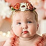 Anastasia is registered to the contest to win money with this photo: baby, child, face, blue_eyes, flower_crown, headband, pink_clothing, ruffles, portrait, cute, chubby_cheeks, soft_lighting, bokeh, closeup, innocent, skin, infant, adorable, young, expression