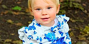 élena a rejoint le concours — aidez-le/la à gagner de superbes lots ! toddler, child, blonde_hair, blue_clothing, floral_pattern, outdoor, forest_floor, tree_trunk, leaves, sitting, cute, portrait, young_child, nature, rosy_cheeks, long_sleeves, pants, casual, innocent, curious