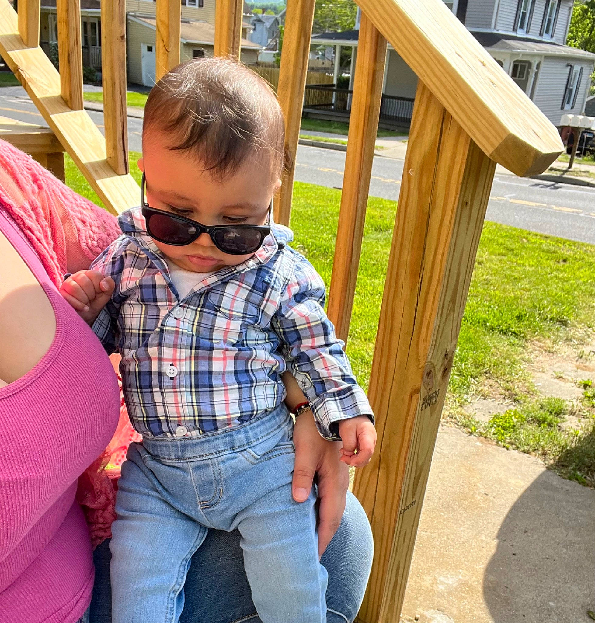 Abraham joined the competition — help win amazing prizes! denim, eyewear, fun, glasses, goggles, grass, happy, leisure, person, plaid, plant, public_space, recreation, sleeve, sunglasses, tartan, toddler, tree, vision_care, waist