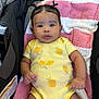 Zaylie is registered to the contest to win money with this photo: baby, infant, child, onesie, yellow_clothing, lemon_pattern, pigtails, earrings, towel, pink, white, car_seat, seat_cover, cute, portrait, indoors, person, drool, lying_down, looking_at_camera