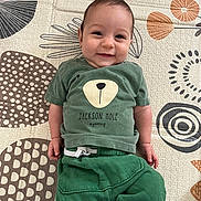 Lewis a rejoint le concours — aidez-le/la à gagner de superbes lots ! baby, child, smiling, green_clothing, tshirt, pants, lying_down, patterned_mat, indoor, cute, happy, face, person, infant, toddler, short_hair, hand, footwear, text_on_clothing, playmat