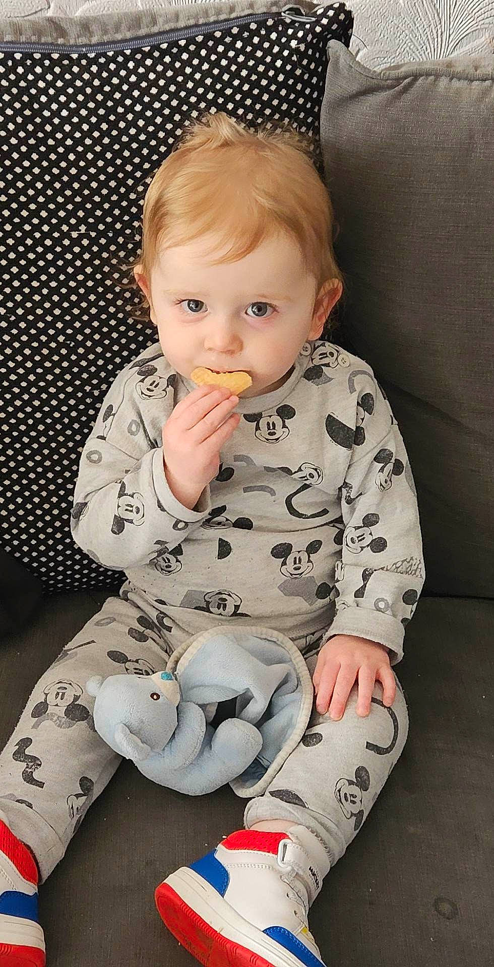 Noah joined the competition — help win amazing prizes! baby, baby_toddler_clothing, cheek, child, comfort, face, facial_expression, flooring, foot, hairstyle, head, human_leg, knee, person, product, sitting, skin, sleeve, thigh, toddler