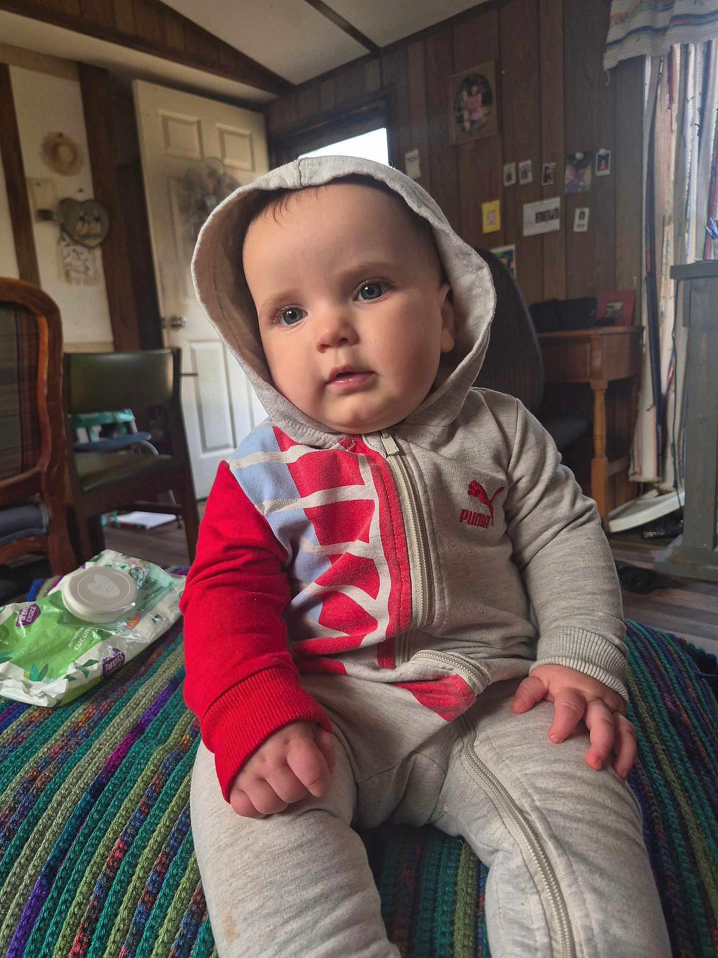 Sylas joined the competition — help win amazing prizes! baby, infant, hoodie, hood, face, eyes, hand, fingers, sitting, crocheted_blanket, wipes_package, zipper, casual_clothing, indoor, wood_paneling, door, chair, table, portrait, curious_expression