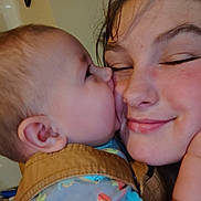 Kemp is registered to the contest to win money with this photo: baby, child, kiss, affection, smiling, face, close_up, candid, happy, love, skin, person, young, cheek, cute, indoor, clothing, head, family, bond