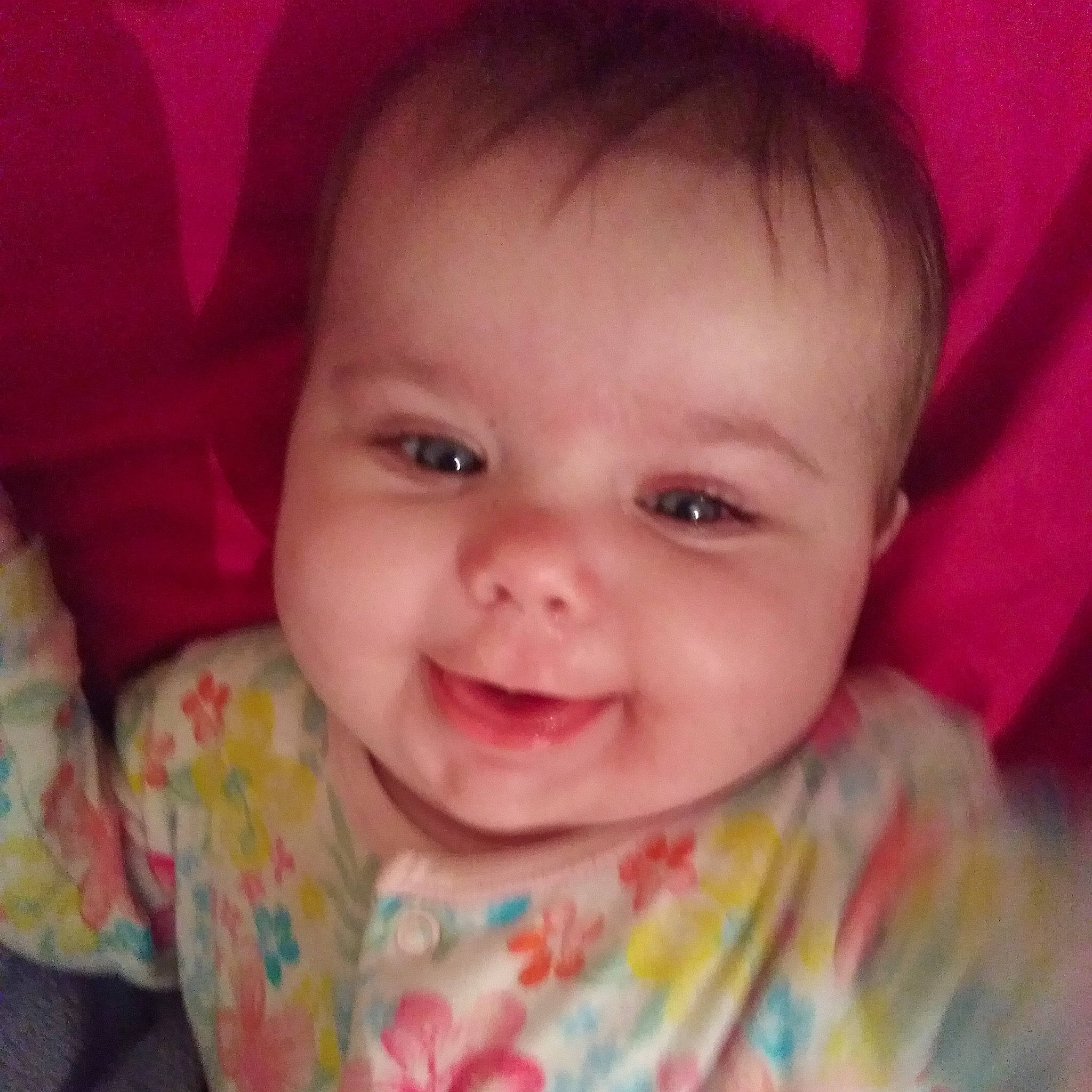 Amelia is registered to the contest to win money with this photo: cheek, child, chin, close_up, ear, eye, eyebrow, face, facial_expression, forehead, head, human_hair_color, infant, joy, lip, mouth, nose, person, pink, skin