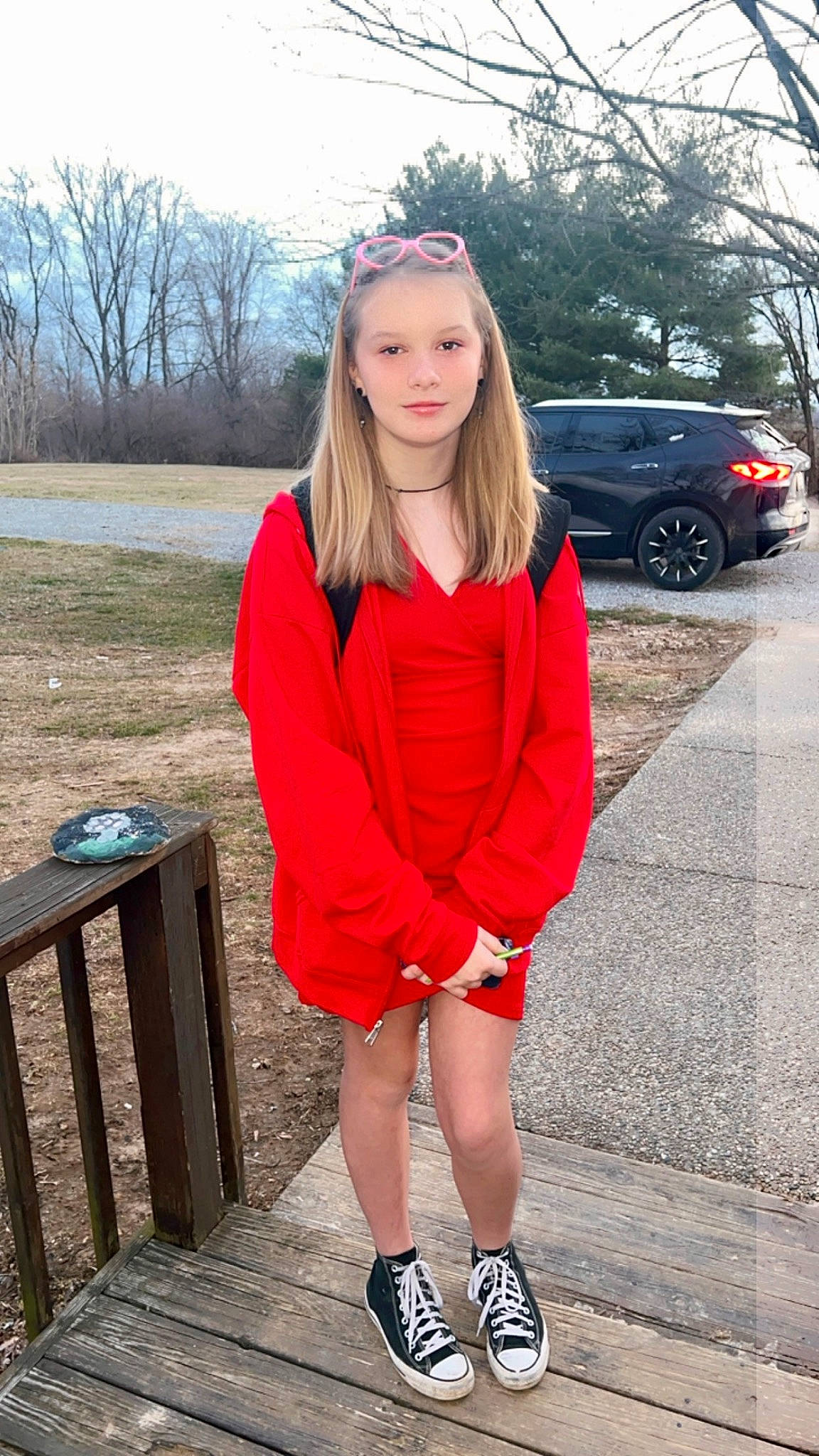 Justice joined the competition — help win amazing prizes! brown_hair, car, day_dress, electric_blue, fashion_design, fashion_model, human_leg, jewellery, knee, leg, long_hair, magenta, neck, person, sleeve, standing, thigh, tire, tree, waist