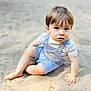 toddler, child, sand, outdoor, blue_eyes, overalls, striped_shirt, barefoot, young, cute, sitting, curious, sunlight, summer, play, portrait, face, hands, legs, nature