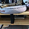 cat, tabby_cat, pet_bed, plush_toy, panda, wooden_table, indoor, sleeping, resting, cozy, furniture, home_interior, laundry, clothes, relaxation, animal, cute, soft, domestic, napping