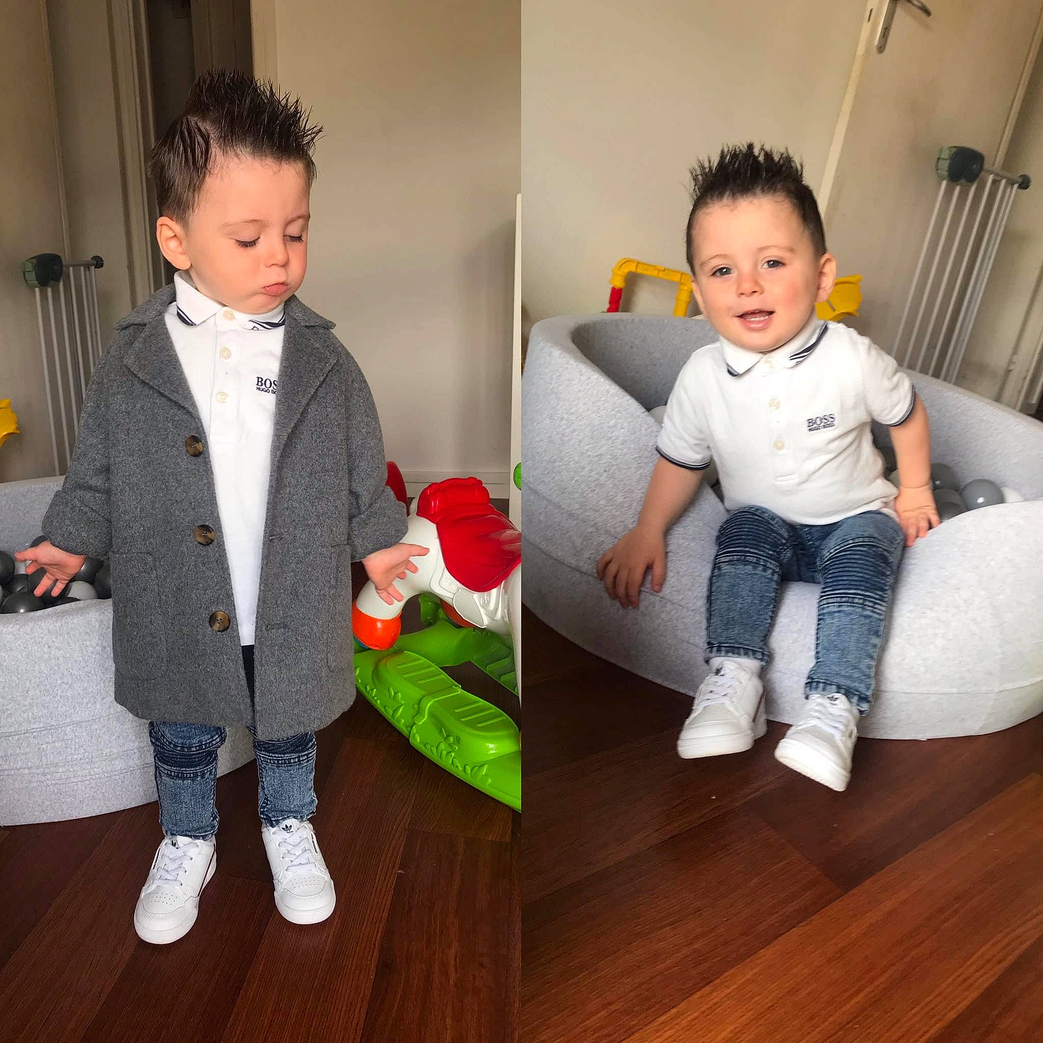 Ethan participe au concours pour gagner de l'argent avec cette photo : baby, baby_toddler_clothing, child, floor, flooring, footwear, jacket, jeans, leg, outerwear, person, photography, play, room, shoe, sleeve, standing, suit, t_shirt, toddler