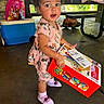 toddler, child, toy_box, curly_hair, minnie_mouse, pink_outfit, socks, cooler, bag, princess, outdoor, pavilion, concrete_floor, daylight, earrings, expression, holding, play, cute, standing