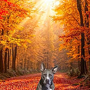 Kora is registered to the contest to win money with this photo: dog, autumn, fall, forest, leaves, path, sunlight, trees, nature, outdoor, canine, seasonal, orange, yellow, red, brown, scenery, animal, park, peaceful